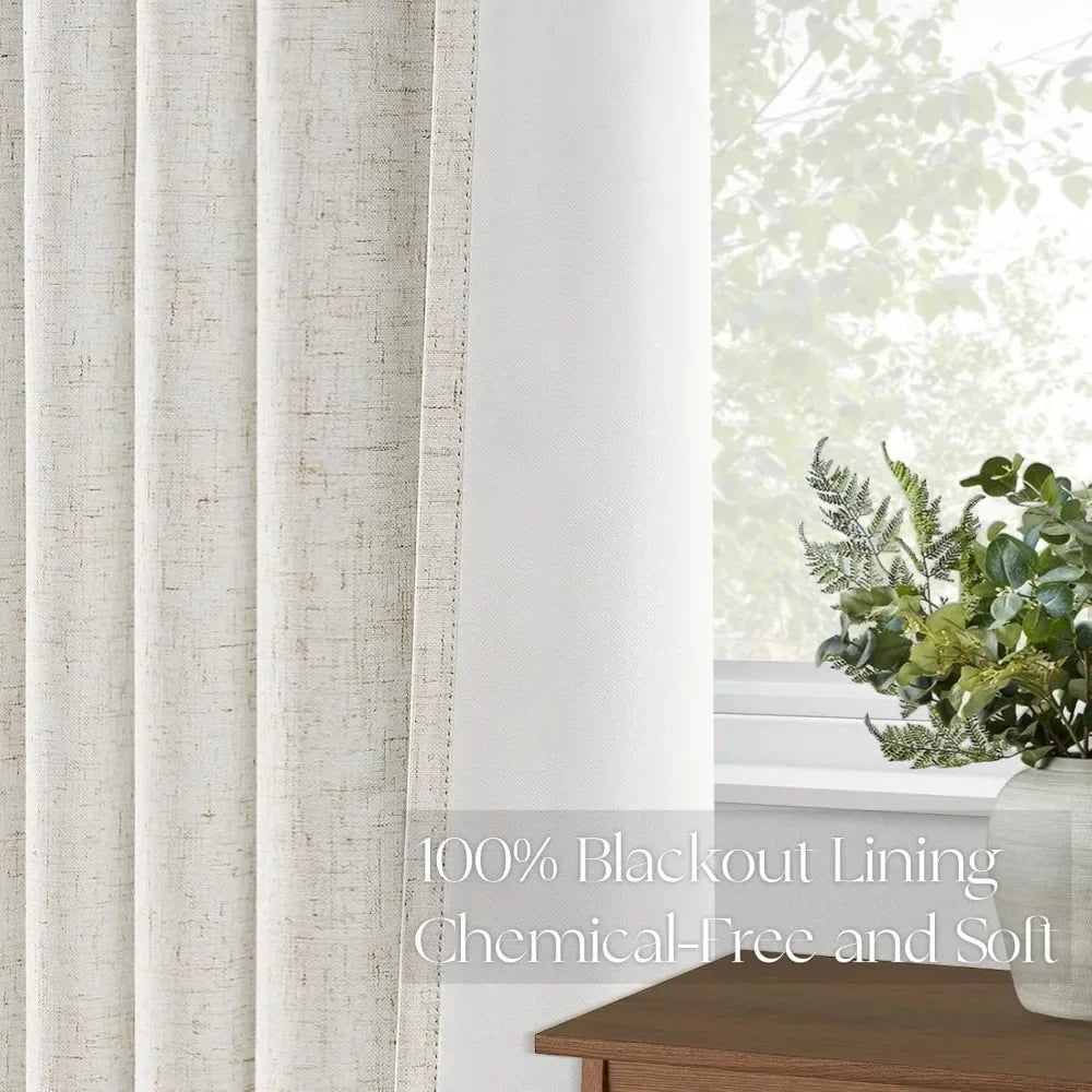 Blackout Curtains Pleated Curtains 96 Inch Long, 100% Blackout Natural Linen Curtains Pinch Pleats Drapes 2 Panel Linen Blackout Drapes