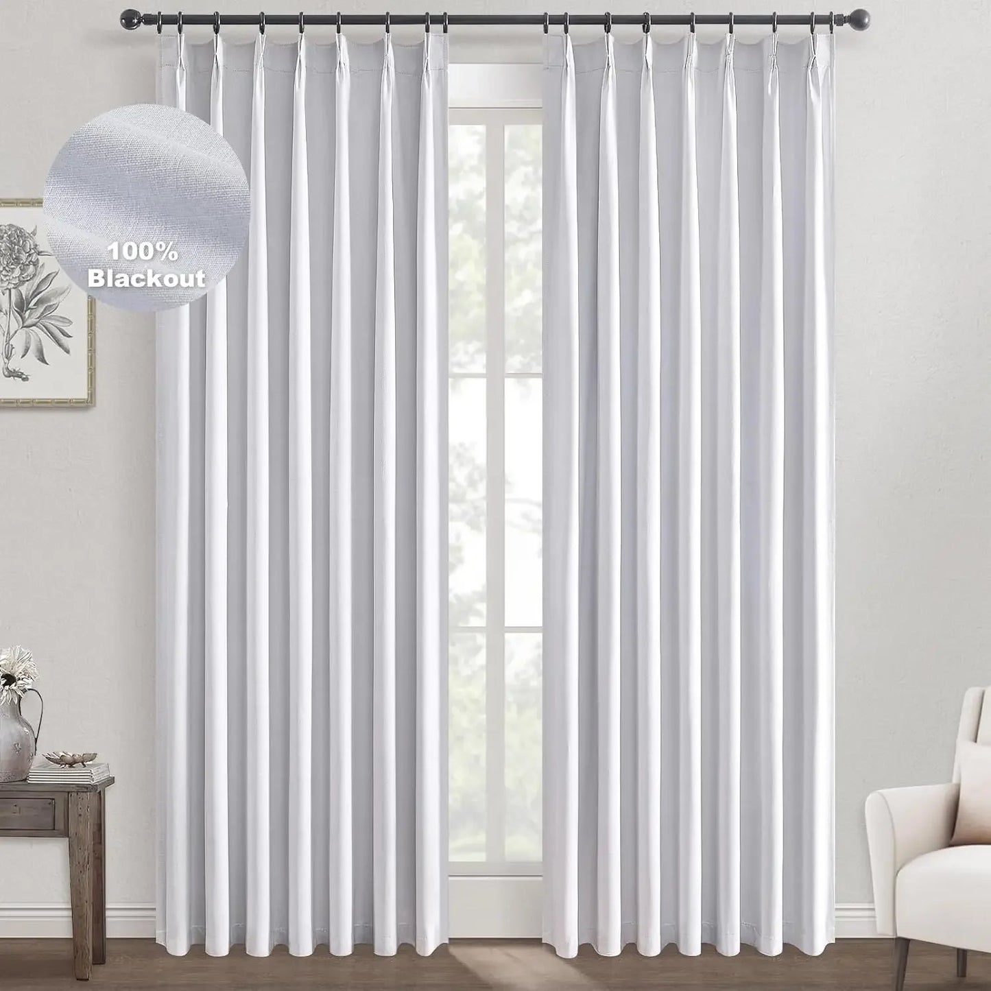 Blackout Curtains Pleated Curtains 96 Inch Long, 100% Blackout Natural Linen Curtains Pinch Pleats Drapes 2 Panel Linen Blackout Drapes