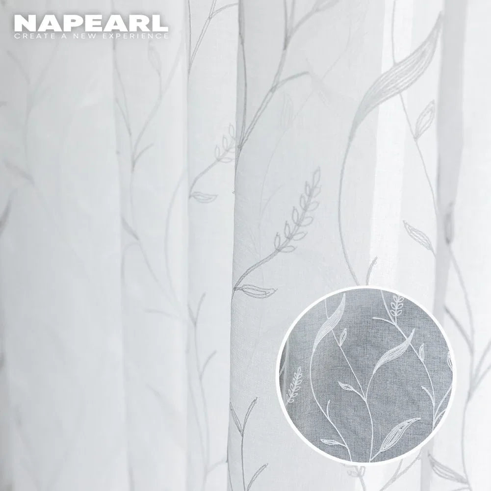 White Sheer Curtain with Embroidery Floral Fabric Curtains White Sheer Drapes