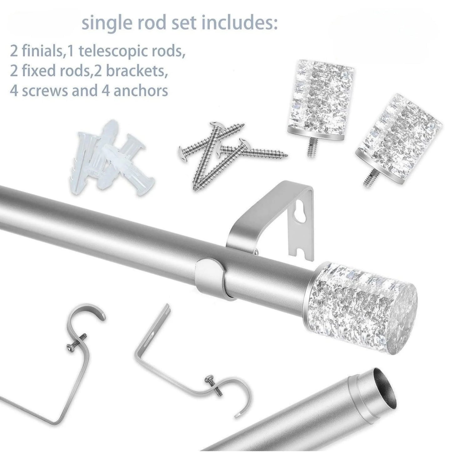Silver Rod Curtain Rods For 60 To 120 Inch, 1" Diameter Heavy Duty Curtain Rod, Modern Curtain Rod