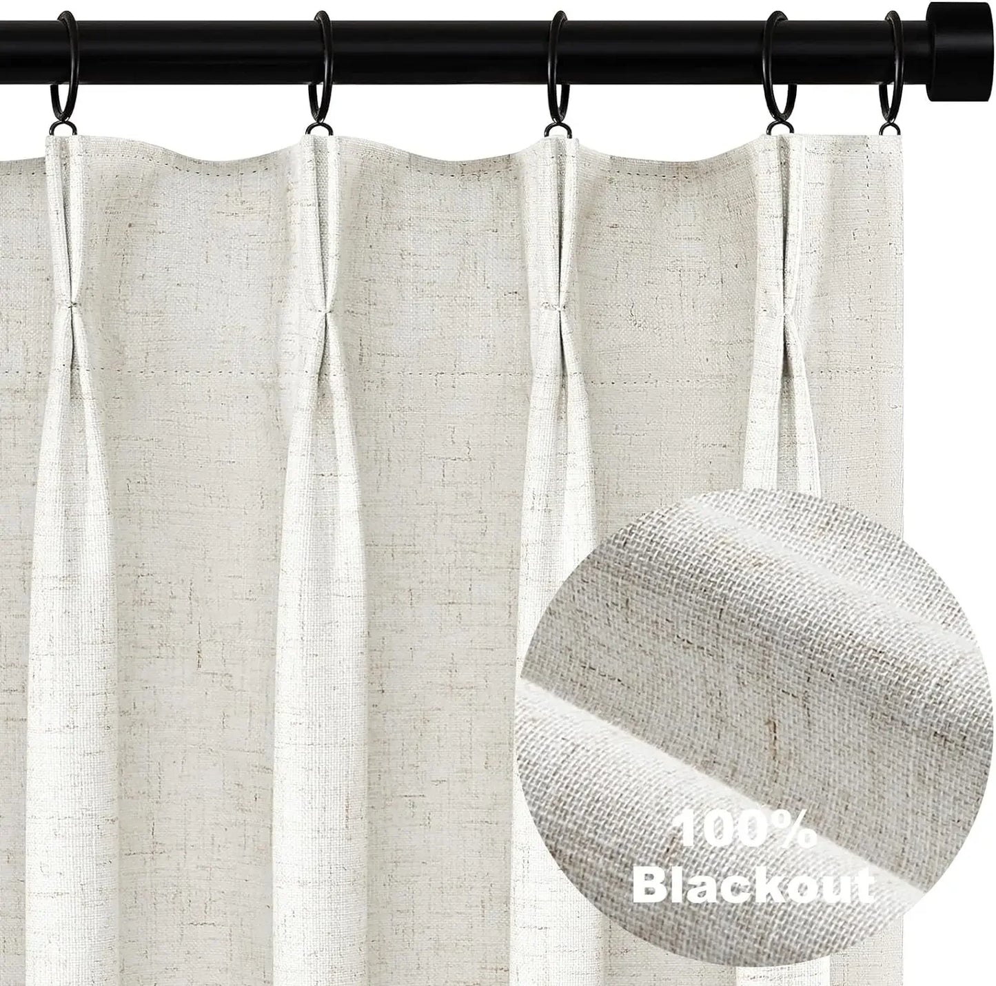 Blackout Curtains Pleated Curtains 96 Inch Long, 100% Blackout Natural Linen Curtains Pinch Pleats Drapes 2 Panel Linen Blackout Drapes