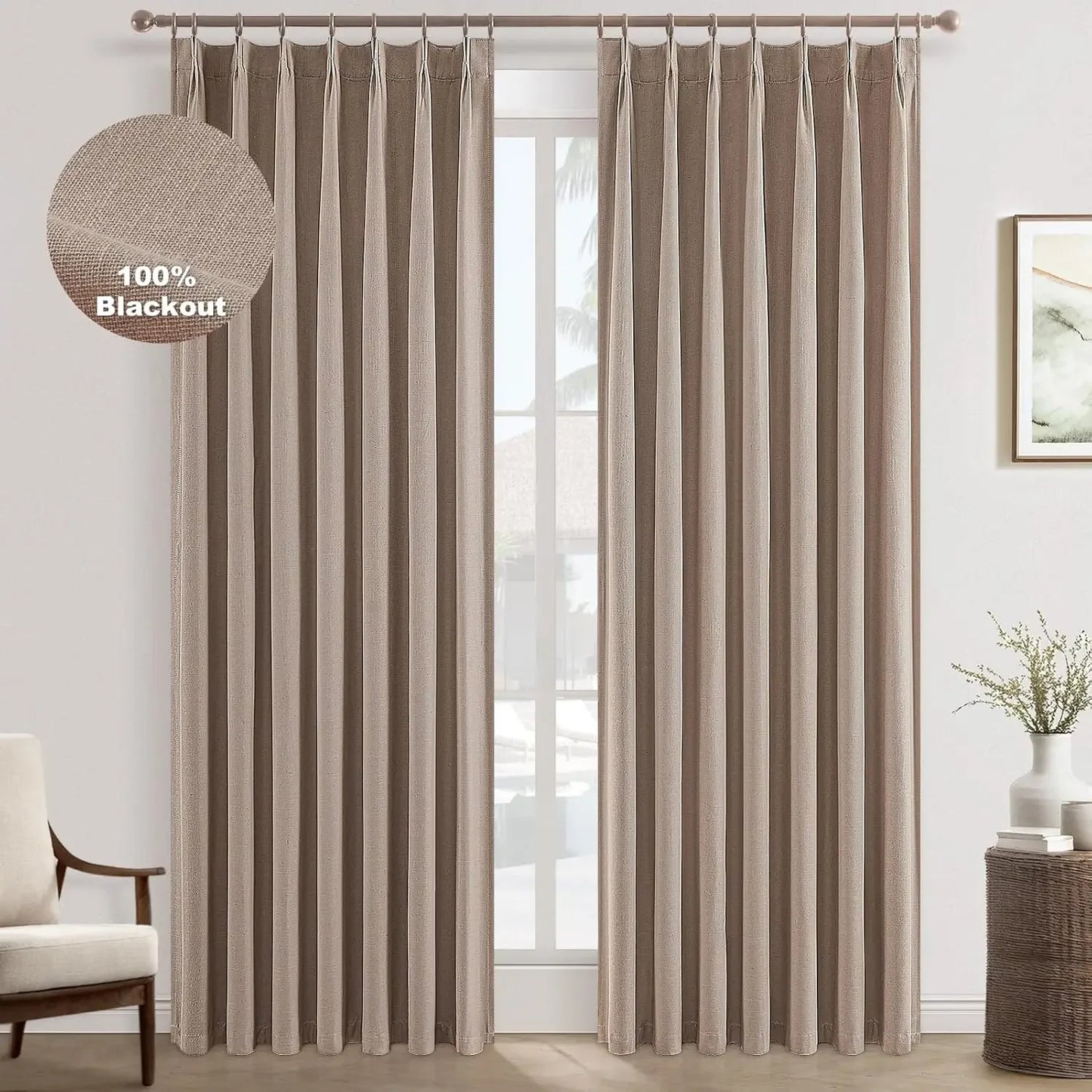 Blackout Curtains Pleated Curtains 96 Inch Long, 100% Blackout Natural Linen Curtains Pinch Pleats Drapes 2 Panel Linen Blackout Drapes