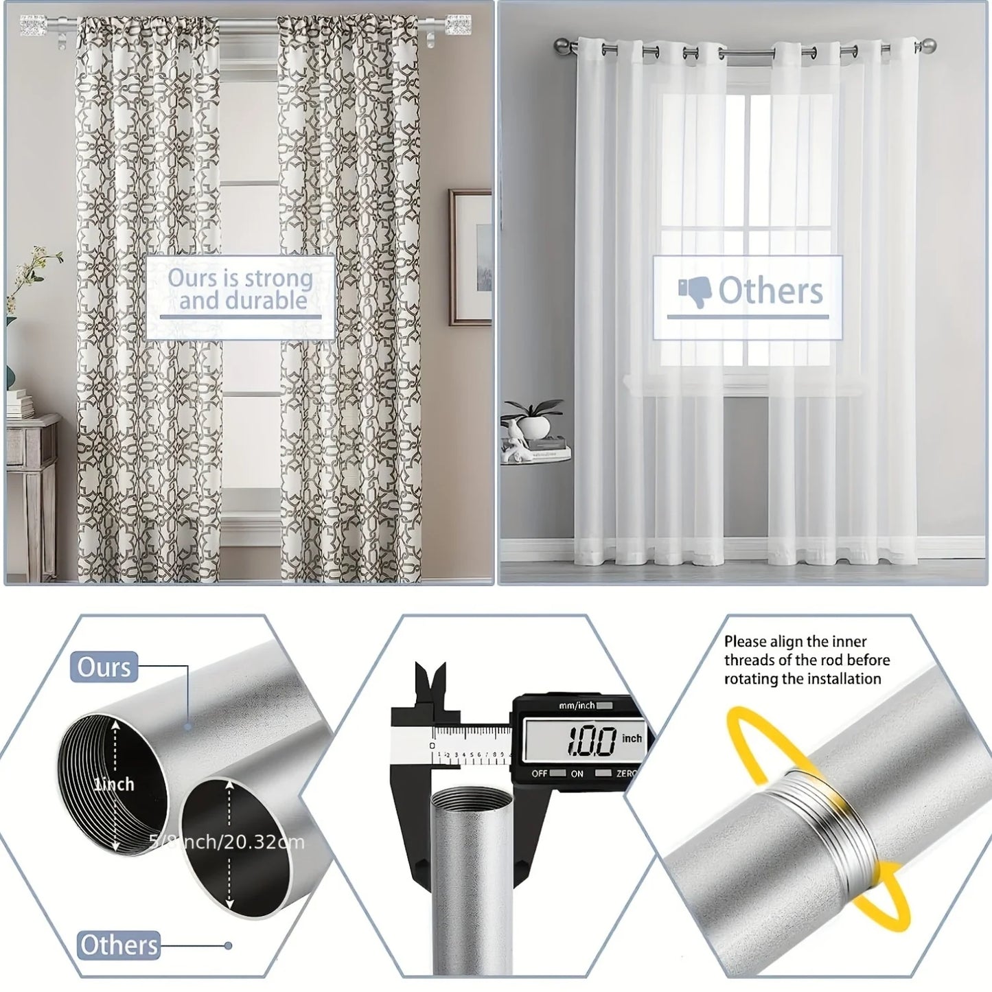 Silver Rod Curtain Rods For 60 To 120 Inch, 1" Diameter Heavy Duty Curtain Rod, Modern Curtain Rod