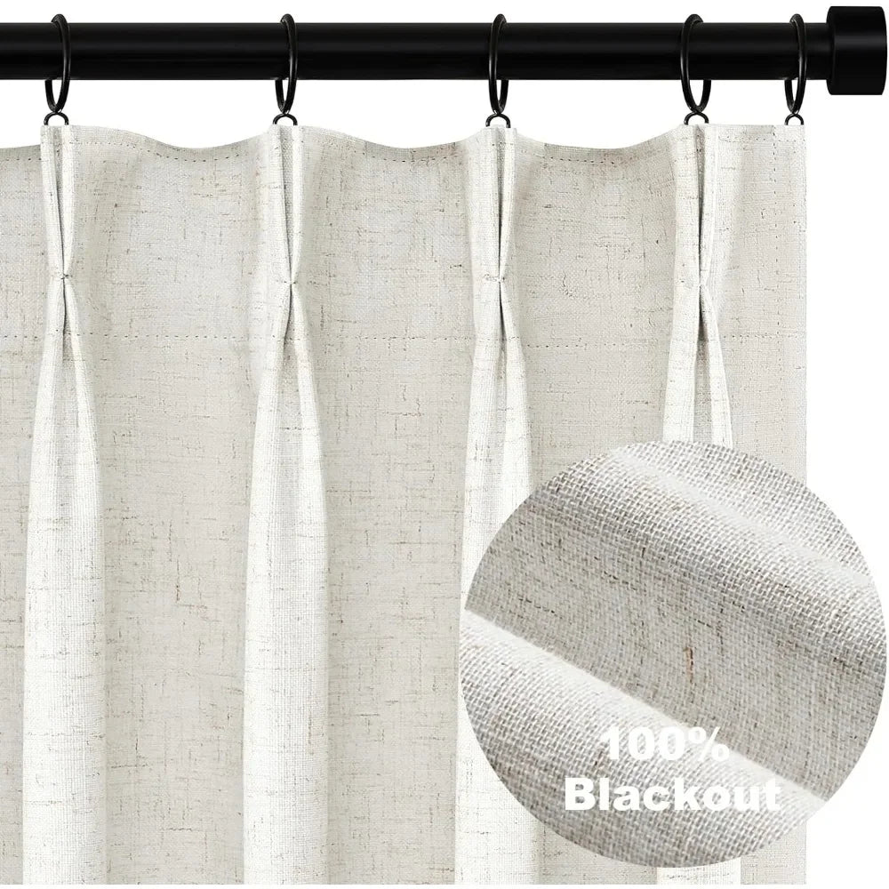 Blackout Curtains Pleated Curtains 96 Inch Long, 100% Blackout Natural Linen Curtains Pinch Pleats Drapes 2 Panel Linen Blackout Drapes