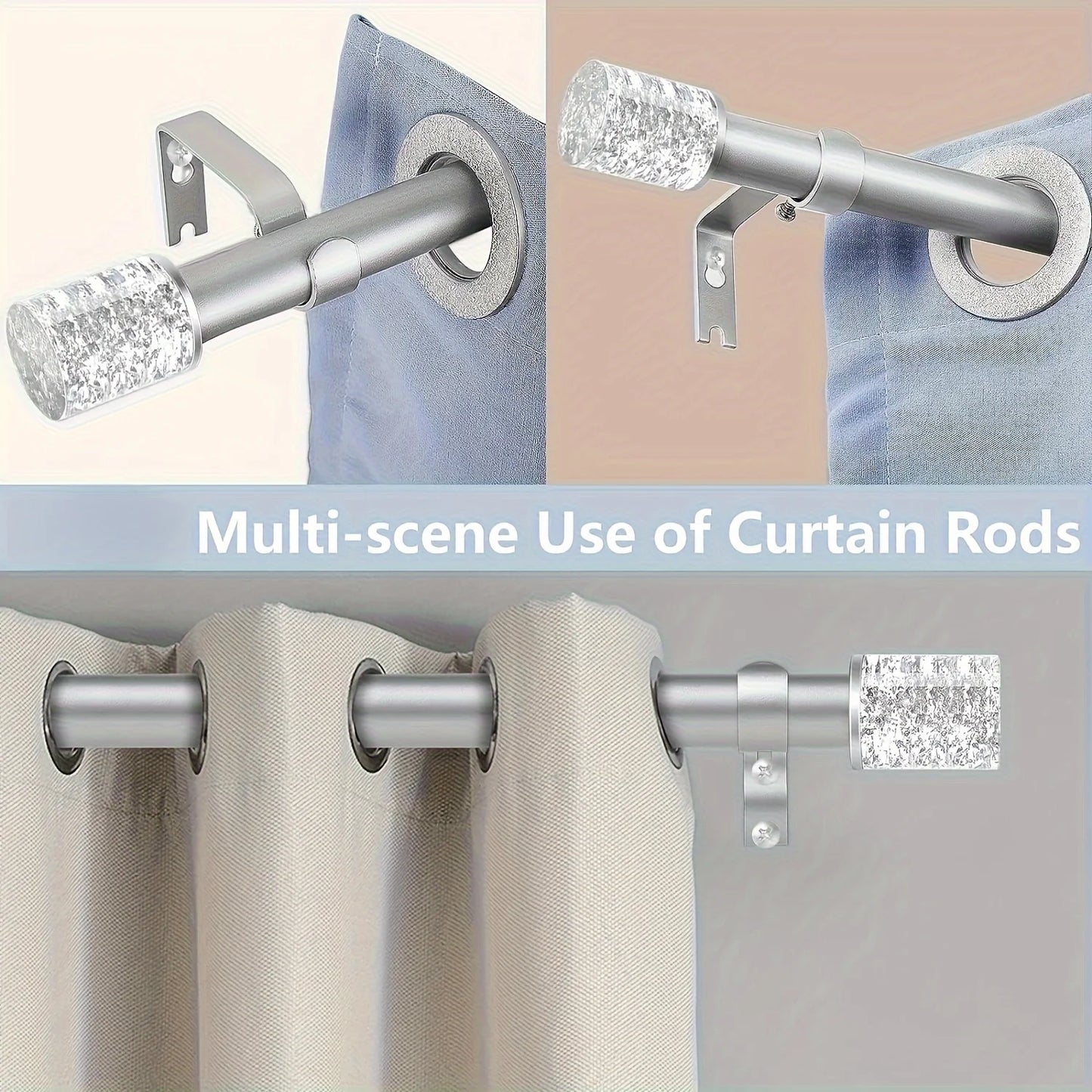 Silver Rod Curtain Rods For 60 To 120 Inch, 1" Diameter Heavy Duty Curtain Rod, Modern Curtain Rod