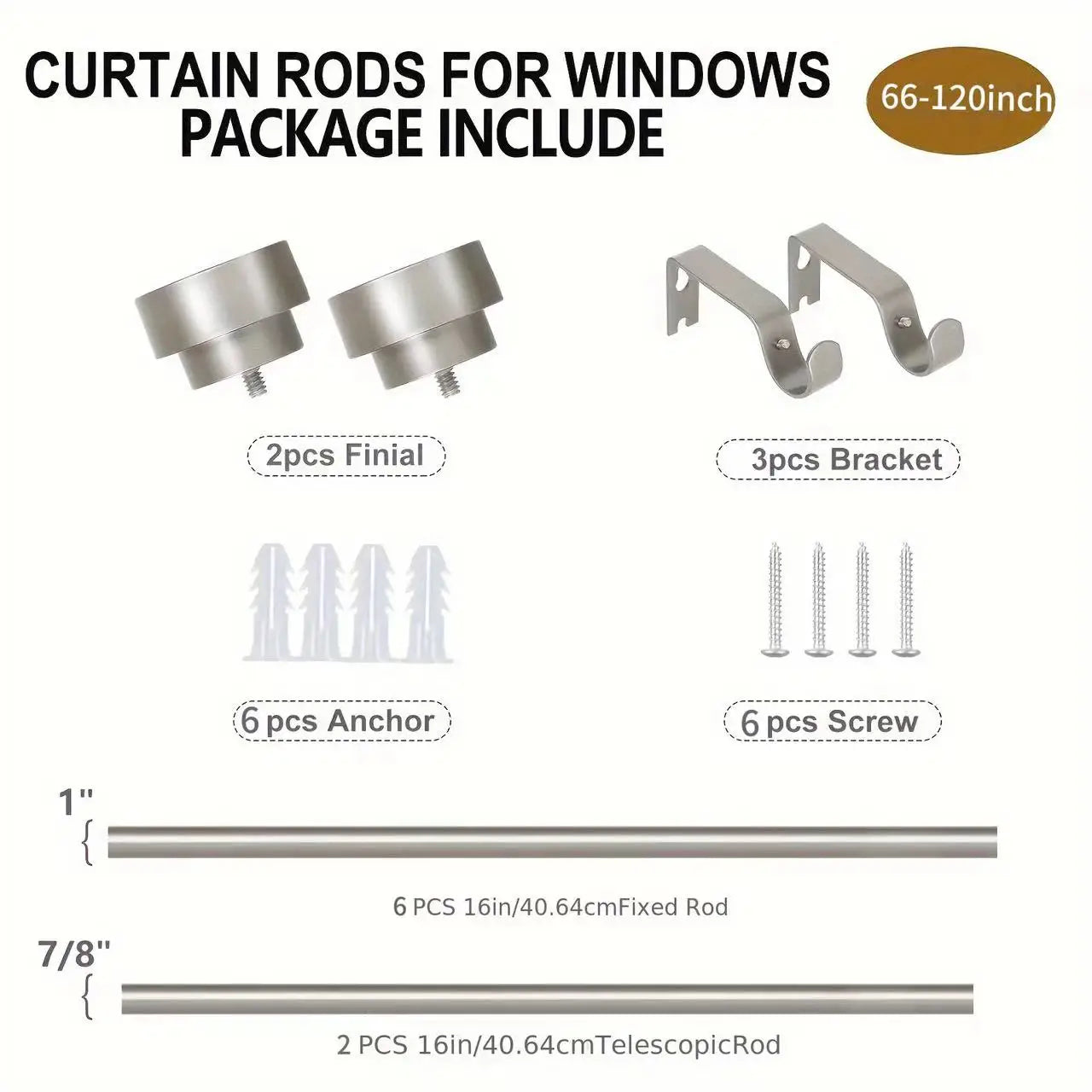 Curtain rod，1‘’Diameter Heavy Duty Curtain Rods, Silver Curtains Rods.