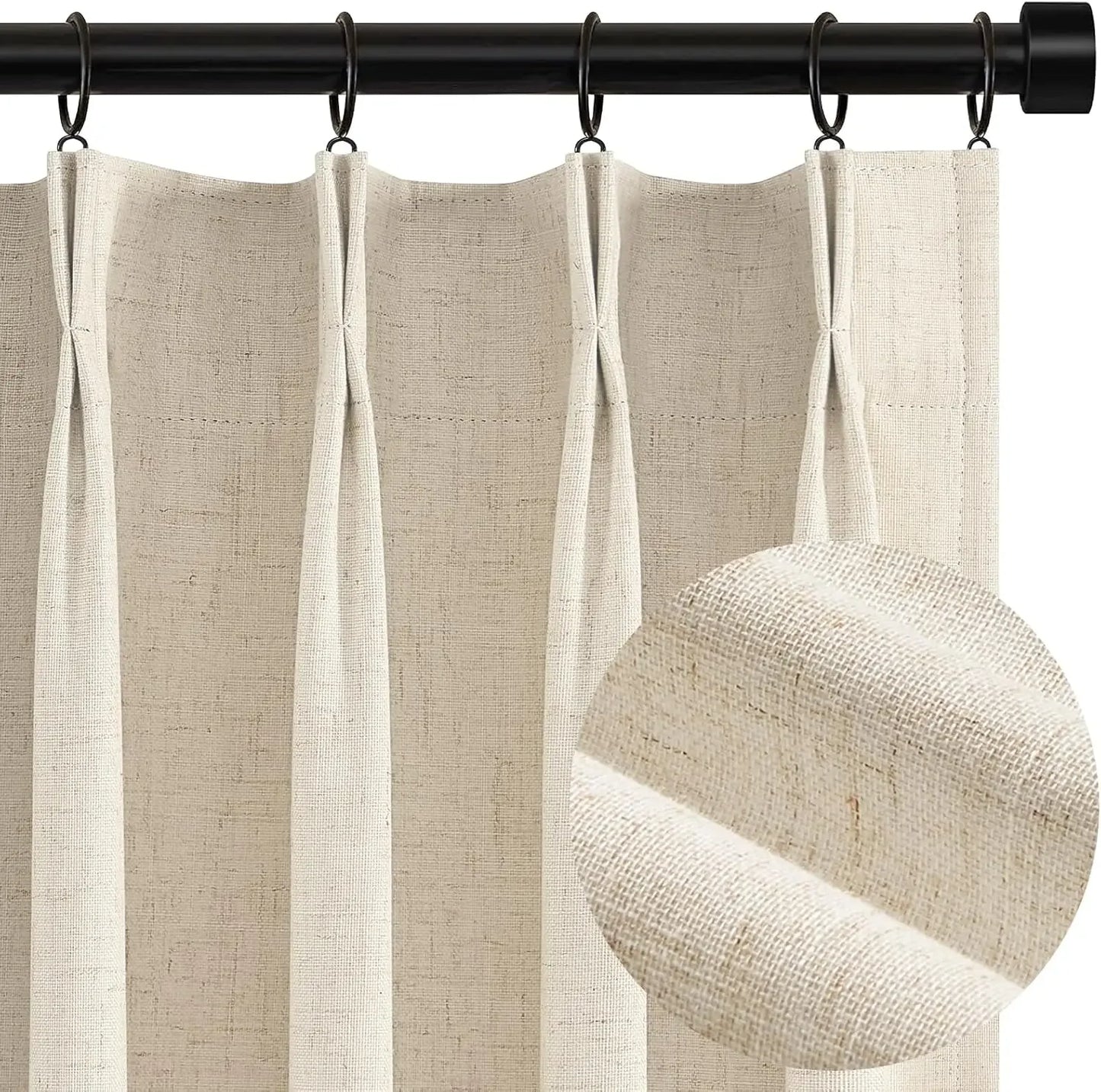 Blackout Curtains Pleated Curtains 96 Inch Long, 100% Blackout  Natural Linen Curtains Pinch Pleats  Drapes 2 Panel Linen Blackout Drapes
