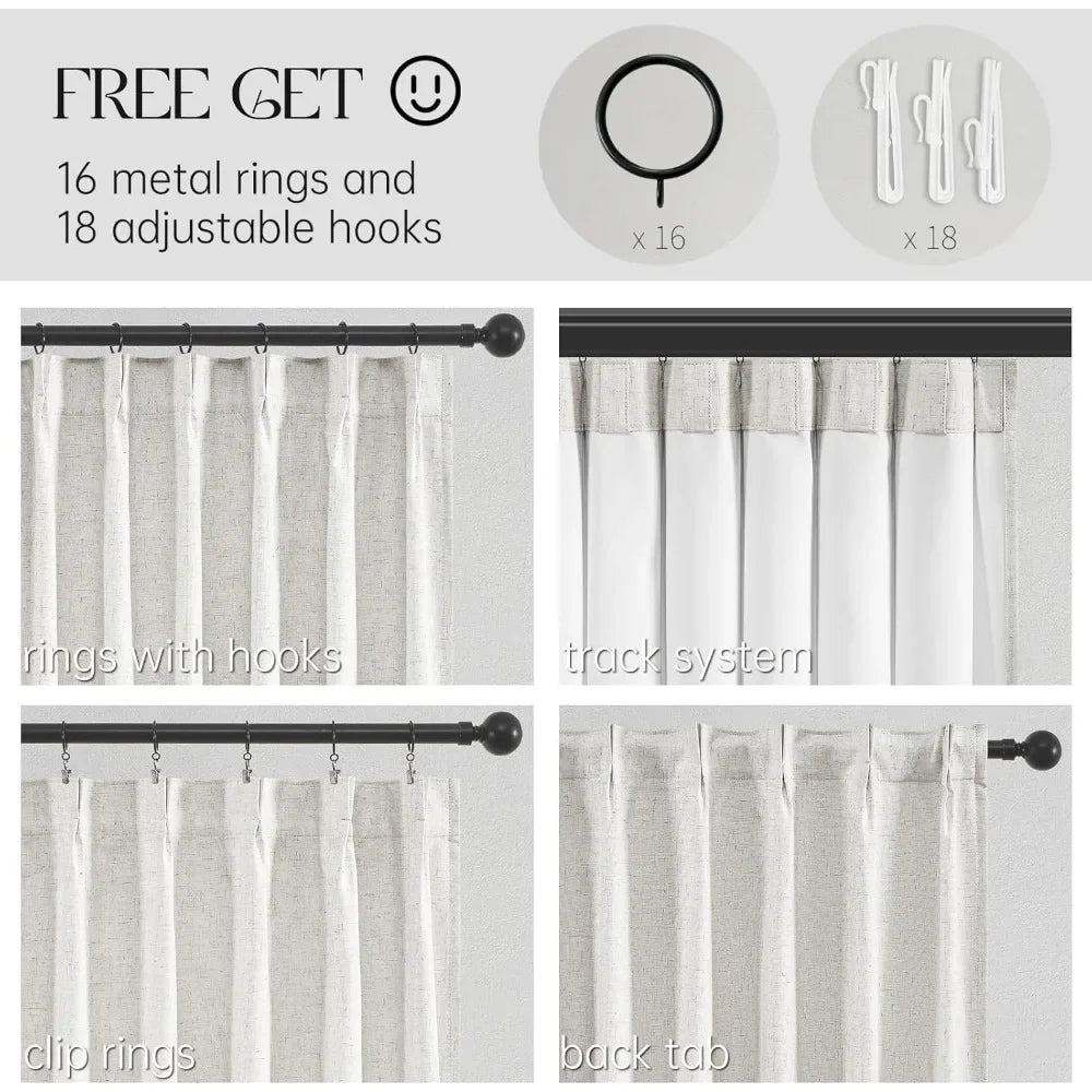 Blackout Curtains Pleated Curtains 96 Inch Long, 100% Blackout  Natural Linen Curtains Pinch Pleats  Drapes 2 Panel Linen Blackout Drapes